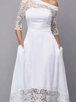 Women‘s Party Dress Wedding Guest Dress Lace Dress White Dress Long Dress Maxi Dress White 3/4 Length Sleeve Pure Color Lace Winter Fall Autumn Cold Shoulder Elegant Spring Dress 2023 S M L XL XXL -Tesla Style yfpeku1647444231730