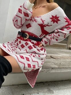 Women‘s Christmas Sweater Dress Jumper Dress Winter Dress Warm Geometric Print Deer Outdoor Christmas Casual Daily V Neck Long Sleeve 2023 Loose Fit White Red S M L XL -Tesla Style ygdbli1694165713212