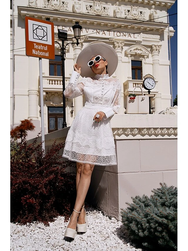 Women's Party Dress Lace Dress Homecoming Dress Mini Dress Black White Long Sleeve Pure Color Lace Summer Spring Fall Stand Collar Fashion Wedding Guest Birthday Vacation Slim 2023 S M L XL 18 Women's Party Dress Lace Dress Homecoming Dress Mini Dress Black White Long Sleeve Pure Color Lace Summer Spring Fall Stand Collar Fashion Wedding Guest Birthday Vacation Slim 2023 S M L XL - Image 16