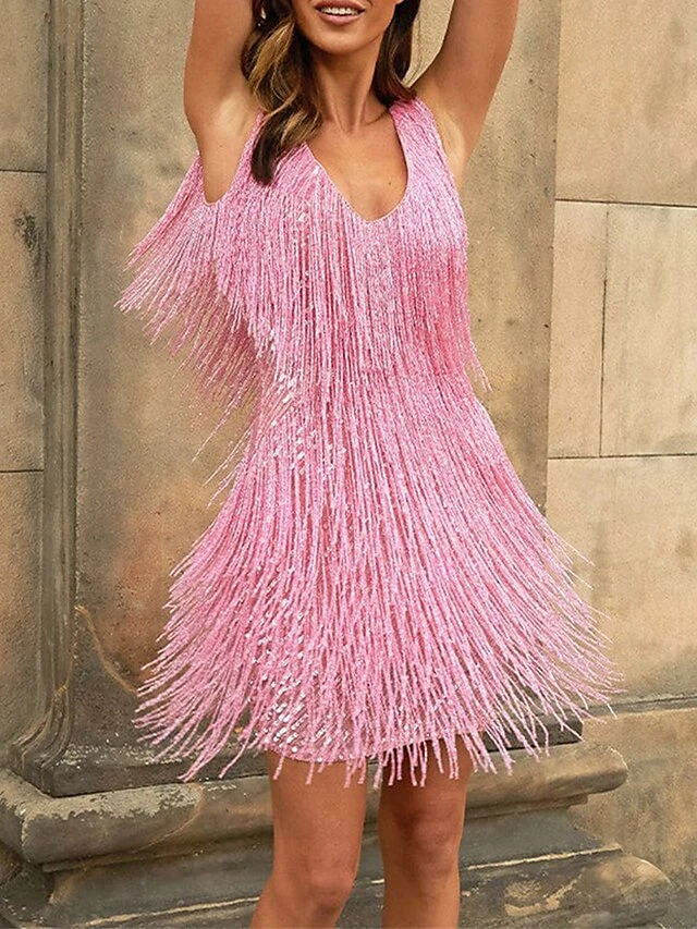 Women's Party Dress Fringe Dress Sequin Dress Black Dress Homecoming Mini Dress Silver Black White Sleeveless Pure Color Sparkly Glitter Winter V Neck Fashion 4 Women's Party Dress Fringe Dress Sequin Dress Black Dress Homecoming Mini Dress Silver Black White Sleeveless Pure Color Sparkly Glitter Winter V Neck Fashion - Image 2