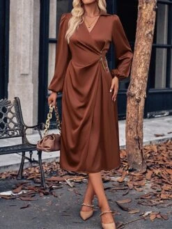 Women's Party Dress Cocktail Dress Satin Dress Midi Dress Champagne Brown Green Long Sleeve Pure Color Ruched Fall Winter Autumn Shirt Collar Fashion Wedding Guest Birthday Vacation 2023 S M L XL -Tesla Style ygsgsj1696077348183