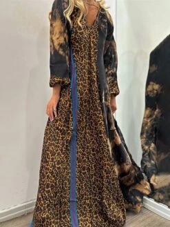 Women's Work Dress Casual Dress Swing Dress Fashion Winter Dress Daily Long Dress Maxi Dress Ruched Print V Neck Long Sleeve Leopard Loose Fit Brown Fall Winter S M L XL XXL -Tesla Style ygxzem1695635341340
