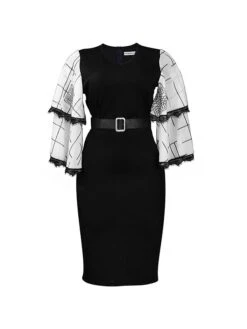 Women's Work Dress Casual Dress Black Dress Fashion Office Daily Workfashion Midi Dress Lace Up Mesh V Neck 3/4 Length Sleeve Color Block Regular Fit Black White Red Fall Winter S M L XL XXL -Tesla Style yhdpwa1695645204456