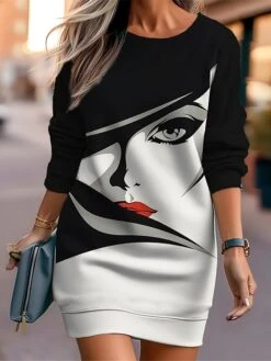 Women's Casual Dress Sweatshirt Dress Mini Dress Warm Fashion Outdoor Vacation Going Out Crew Neck Print Print Loose Fit Black White Red S M L XL XXL -Tesla Style yiaxbj1694596719002