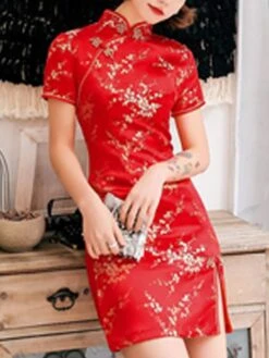 Women‘s Wedding Guest Dress Party Dress Bodycon Sheath Dress Cheongsam Dress Mini Dress Black Pink Red Short Sleeve Floral Split Spring Summer Stand Collar Elegant Weekend Spring Dress 2023 -Tesla Style yimrcc1641293130431