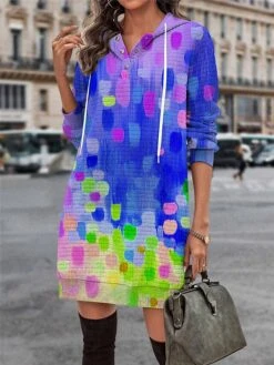 Women's Casual Dress Hoodie Dress Mini Dress Warm Fashion Outdoor Vacation Going Out Hoodie Pocket Print Geometric Regular Fit Yellow Pink Blue S M L XL XXL -Tesla Style yitndd1695027778086