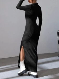 Women's Sweater Dress Winter Dress Jumper Dress Long Dress Maxi Dress Split Daily Date Going Out Active Fashion V Neck Long Sleeve 2023 Slim Black Brown Color S M L Size -Tesla Style yjdkbl1693559541377