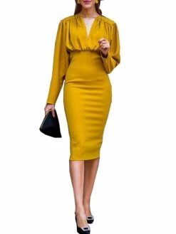 Women's Party Dress Sheath Dress Midi Dress Yellow Long Sleeve Pure Color Ruched Winter Fall Autumn V Neck Casual Party Winter Dress Fall Dress 2022 S M L XL XXL -Tesla Style yjlmfg1630920060632