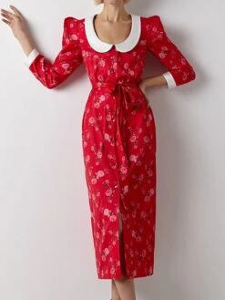 Women's Work Dress Casual Dress Shift Dress Fashion Winter Dress Daily Midi Dress Lace Up Patchwork Shirt Collar Long Sleeve Floral Color Block Regular Fit Pink Red Fall Winter S M L -Tesla Style yjoaly1695645255207