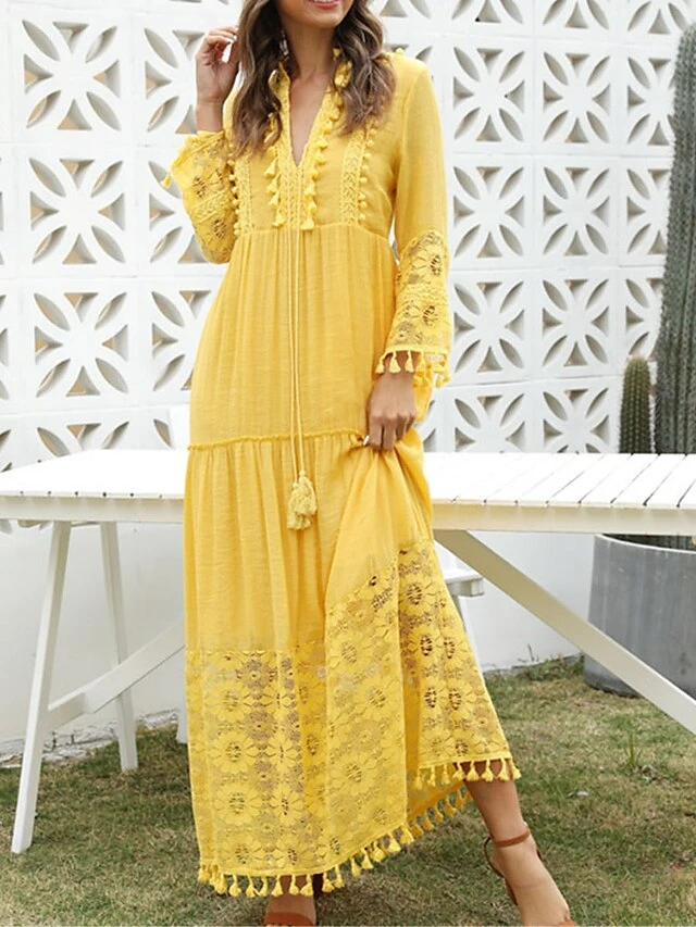 Women's Long Dress Maxi Dress Party Dress Casual Dress Sundress Pure Color Basic Bohemian Outdoor Daily Beach Lace Long Sleeve V Neck Dress Regular Fit Yellow Pink Blue Summer Spring S M L XL XXL 6 Women's Long Dress Maxi Dress Party Dress Casual Dress Sundress Pure Color Basic Bohemian Outdoor Daily Beach Lace Long Sleeve V Neck Dress Regular Fit Yellow Pink Blue Summer Spring S M L XL XXL - Image 4