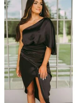 Womenâs Wedding Guest Dress Party Dress Satin Dress Midi Dress Green Black Gold Orange Navy Blue Short Sleeve Solid Color Ruched Spring Summer Off Shoulder Elegant & Luxurious 2022 S M L XL