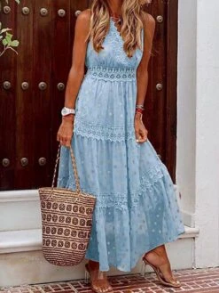 Women's Party Dress Lace Dress Swing Dress Long Dress Maxi Dress White Yellow Pink Sleeveless Polka Dot Lace Summer Spring V Neck Vacation Regular Fit 2023 S M L XL XXL -Tesla Style yjwvhr1615877295807