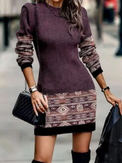 Women's Sweater Dress Jumper Dress Casual Dress Mini Dress Warm Tribal Geometry Outdoor Daily Vacation Going Out Crew Neck Long Sleeve 2023 Regular Fit Blue Purple Brown S M L XL XXL 3XL -Tesla Style ykciya1693978827450