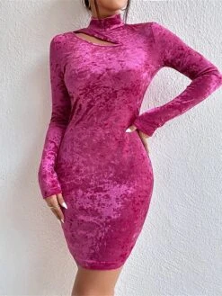 Women's Party Dress Velvet Dress Homecoming Dress Mini Dress Rose Long Sleeve Pure Color Cut Out Spring Fall Winter High Neck Fashion Winter Dress Wedding Guest Vacation 2023 S M L XL -Tesla Style ykcrkq1692860979016
