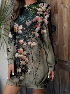 Women's Sweatshirt Dress Casual Dress Mini Dress Warm Fashion Outdoor Vacation Going Out Crew Neck Print Floral Regular Fit Gray S M L XL XXL