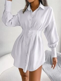 Women's Work Dress White Dress Semi Formal Dress Fashion Office Daily Workfashion Mini Dress Ruched Button Shirt Collar Long Sleeve Plain Loose Fit White Blue Army Green Fall Winter S M L XL -Tesla Style ylehvm1695026951827