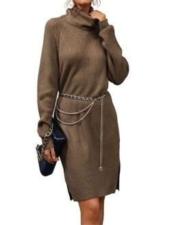 Women's Sweater Dress Jumper Dress Casual Dress Midi Dress Warm Pure Color Outdoor Casual Daily Going Out Turtleneck Long Sleeve 2023 Loose Fit Camel S M L -Tesla Style ylhmpi1695194458283