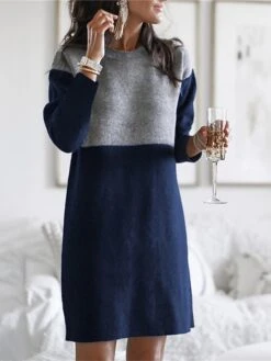 Women‘s Sweater Dress Winter Dress Wine Army Green Dusty Blue Brown Black Long Sleeve Color Block Patchwork Winter Fall Crew Neck Turtleneck Casual S M L XL XXL 3XL Cotton -Tesla Style ylpbvk1630305236976