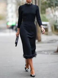 Women's Party Dress Feather Dress Cocktail Dress Midi Dress Black Long Sleeve Pure Color Feather Fall Winter Autumn Stand Collar Fashion Winter Dress Wedding Guest Vacation S M L XL XXL 3XL