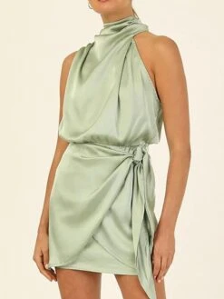 Women's Party Dress Homecoming Dress Cocktail Dress Mini Dress Black Champagne Light Green Sleeveless Pure Color Lace Up Spring Fall Winter Halter Neck Fashion Wedding Guest Birthday Vacation Loose -Tesla Style ylzara1693535340360