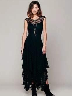 Women's Long Dress Maxi Dress Party Dress Lace Dress Black Dress Solid Color Fashion Modern Wedding Guest Graduation Going Out Lace Layered Short Sleeve Crew Neck Dress Regular Fit Black White Fuchsia -Tesla Style ymcfkc1678781992704