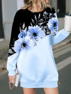 Women's Casual Dress Sweatshirt Dress Winter Dress Floral Print Crew Neck Mini Dress Fashion Streetwear Outdoor Daily Long Sleeve Loose Fit Pink Blue Purple Fall Winter S M L XL XXL -Tesla Style ymfyrz1695891747030