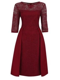 Women's Party Dress Lace Dress Swing Dress Mini Dress Black Wine Blue 3/4 Length Sleeve Pure Color Lace Spring Fall Winter Crew Neck Fashion Party Spring Dress 2023 S M L XL XXL 3XL 4XL -Tesla Style ymgouu1671604318125