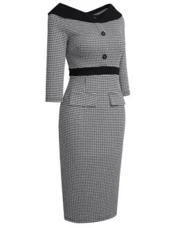 Women's Work Dress Sheath Dress Semi Formal Dress Fashion Midi Dress Button Pocket Crew Neck 3/4 Length Sleeve Houndstooth Regular Fit Black Fall Winter S M L XL -Tesla Style ymikju1692603087102