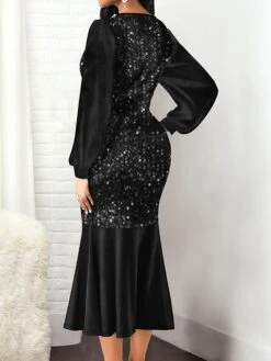 Women‘s Cocktail Party Dress Wedding Guest Dress Sequin Dress Midi Dress Black Wine Blue Long Sleeve Pure Color Sequins Fall V Neck Elegant Winter Dress Fall Dress 2023 S M L XL XXL 3XL 4XL 5XL -Tesla Style ymkuhd1630401664401