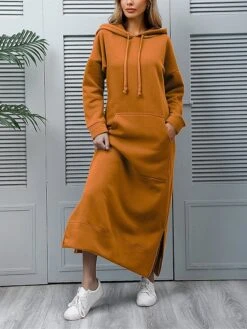 Women's Casual Dress Hoodie Dress Long Dress Maxi Dress Daily Basic Outdoor Vacation Going Out V Neck Pocket Solid Color Regular Fit Black Burgundy Blue S M L XL XXL -Tesla Style ymvmym1692165475032