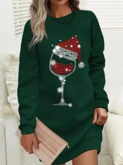 Women‘s Christmas Casual Dress Sweatshirt Dress Mini Dress Warm Fashion Outdoor Holiday Crew Neck Print Hat Loose Fit Burgundy Blue Green S M L XL XXL -Tesla Style ynauim1694166431825