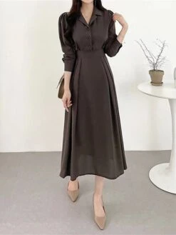 Women's Work Dress Semi Formal Dress A Line Dress Fashion Office Daily Workfashion Midi Dress Ruched Button Shirt Collar Long Sleeve Plain Loose Fit Black Brown Apricot Fall Winter S M L XL -Tesla Style ynbwrk1695805445066