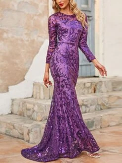 Women's Prom Dress Party Dress Sequin Dress Long Dress Maxi Dress Purple Gold Long Sleeve Solid Color Sequins Spring Fall Winter Crew Neck Fashion Party Winter Dress Wedding Guest 2022 S M L XL XXL -Tesla Style ynctkv1663663293963