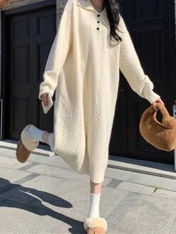 Women's Sweater Dress Jumper Dress Casual Dress Midi Dress Fashion Pure Color Outdoor Daily Vacation Going Out Lapel Long Sleeve Patchwork Button 2023 Regular Fit White Camel One Size -Tesla Style ynjjoq1695280918187