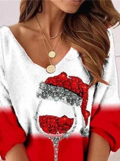 Women's Christmas Sweatshirt Dress Shift Dress Mini Dress Red 3/4 Length Sleeve Hat Print Winter Fall Autumn V Neck Vacation Loose Fit 2022 S M L XL XXL 3XL -Tesla Style ynsfdv1667562153591