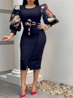 Women‘s Sheath Dress Knee Length Dress Black White Yellow Long Sleeve Floral Puff Sleeve Winter Fall Autumn Crew Neck Party Winter Dress Fall Dress Slim 2023 S M L XL XXL XXXL