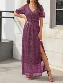 Women's Long Dress Maxi Dress Party Dress Formal Dress Summer Dress Pure Color Streetwear Modern Party Outdoor Holiday Lace Up Split Short Sleeve V Neck Dress Loose Fit Black Red Blue Summer Spring S -Tesla Style yobujo1678860554569