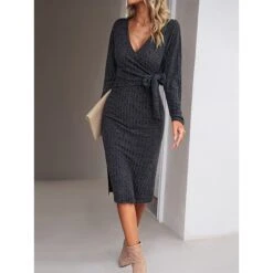 Women's Sweater Dress Winter Dress Jumper Dress Midi Dress Lace Up Daily Date Going Out Fashion Basic V Neck Long Sleeve 2023 Slim Green Dark Grey Beige Color S M L XL Size -Tesla Style yohavi1690801848559