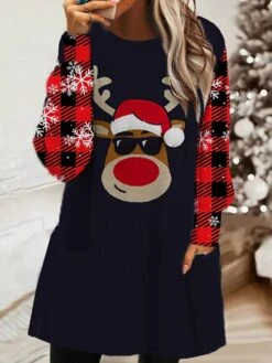 Women‘s Christmas Sweatshirt Dress Shift Dress Mini Dress Green Black Red Long Sleeve Plaid Pocket Winter Fall Autumn Crew Neck Daily Loose Fit 2022 S M L XL XXL 3XL -Tesla Style youmkw1667562369506