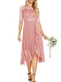 Women's Party Dress Lace Dress Cocktail Dress Midi Dress Pink Navy Blue Fuchsia 3/4 Length Sleeve Pure Color Lace Spring Fall Winter Off Shoulder Fashion Winter Dress Wedding Guest Vacation 2023 S M -Tesla Style yphyss1692179141140