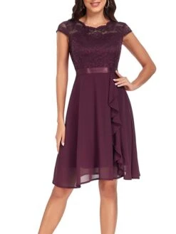 Women's Party Dress Lace Dress Cocktail Dress Midi Dress Black Pink Wine Short Sleeve Pure Color Lace Spring Fall Winter Crew Neck Fashion Winter Dress Wedding Guest Vacation 2023 S M L XL XXL -Tesla Style yprsgy1692179774233