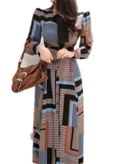 Women's Work Dress Sheath Dress Swing Dress Fashion Winter Dress Office Daily Long Dress Maxi Dress Button Print V Neck Long Sleeve Stripe Print Regular Fit Khaki Fall Winter S M L XL -Tesla Style ypsxun1695030994221