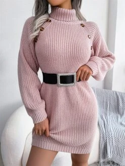 Women's Sweater Dress Winter Dress Jumper Dress Mini Dress Button Outdoor Street Daily Fashion Streetwear Turtleneck Long Sleeve 2023 Loose Fit White Pink Army Green Color S M L Size -Tesla Style ypufom1694154091453