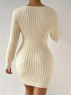 Women's Sweater Dress Jumper Dress Casual Dress Mini Dress Warm Pure Color Outdoor Casual Daily Holiday V Neck Long Sleeve Cut Out 2023 Regular Fit Beige XL XXL 3XL -Tesla Style ypujyy1695643724920