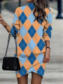Women's Casual Dress Sweatshirt Dress Winter Dress Geometric Plaid Ruched Print Turtleneck Mini Dress Fashion Streetwear Outdoor Daily Long Sleeve Loose Fit Pink Burgundy Purple Fall Winter S M L XL -Tesla Style ypxxtg1694597559949