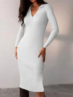 Women's Sweater Dress Winter Dress Jumper Dress Midi Dress Ruched Street Daily Holiday Fashion Streetwear V Neck Long Sleeve 2023 Regular Fit Black White Dark Gray Color S M L Size -Tesla Style yqjjew1692938582738