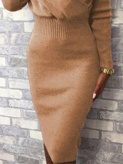Women's Work Dress Sheath Dress Semi Formal Dress Fashion Midi Dress Ruched V Neck Long Sleeve Plain Regular Fit Camel Fall Winter S M L XL XXL -Tesla Style yqlstw1693971831604