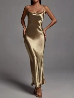 Women‘s Christmas Prom Dress Party Dress Satin Dress Long Dress Maxi Dress Red Gold Sleeveless Pure Color Backless Spring Fall Winter Spaghetti Strap Fashion Birthday Evening Party Wedding Guest -Tesla Style yqowqt1692173959289