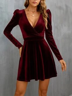 Women‘s Wedding Guest Dress Homecoming Dress Party Dress Velvet Dress Green Casual Dress Wine Army Green Black Long Sleeve Pure Color Ruched Velvet Winter Fall V Neck Casual Modern -Tesla Style yqrjuf1661941394897