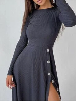 Women's Sweater Dress Winter Dress Jumper Dress Midi Dress Button Split Daily Date Going Out Fashion Basic Crew Neck Long Sleeve 2023 Regular Fit Black Blue Camel Color S M L XL Size -Tesla Style yqtpis1692357250565